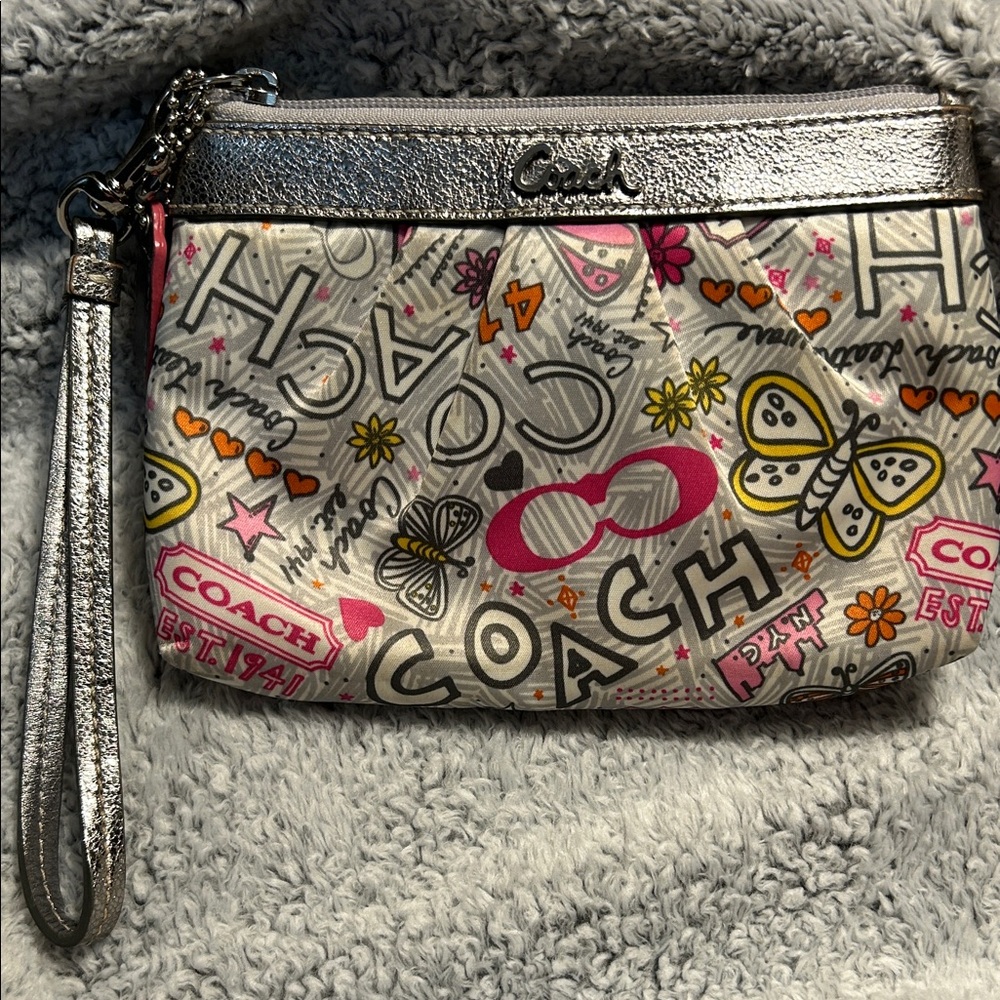 Coach Poppy Butterfly Graffiti Wristlet in Sateen Finish and Silver Hardware
